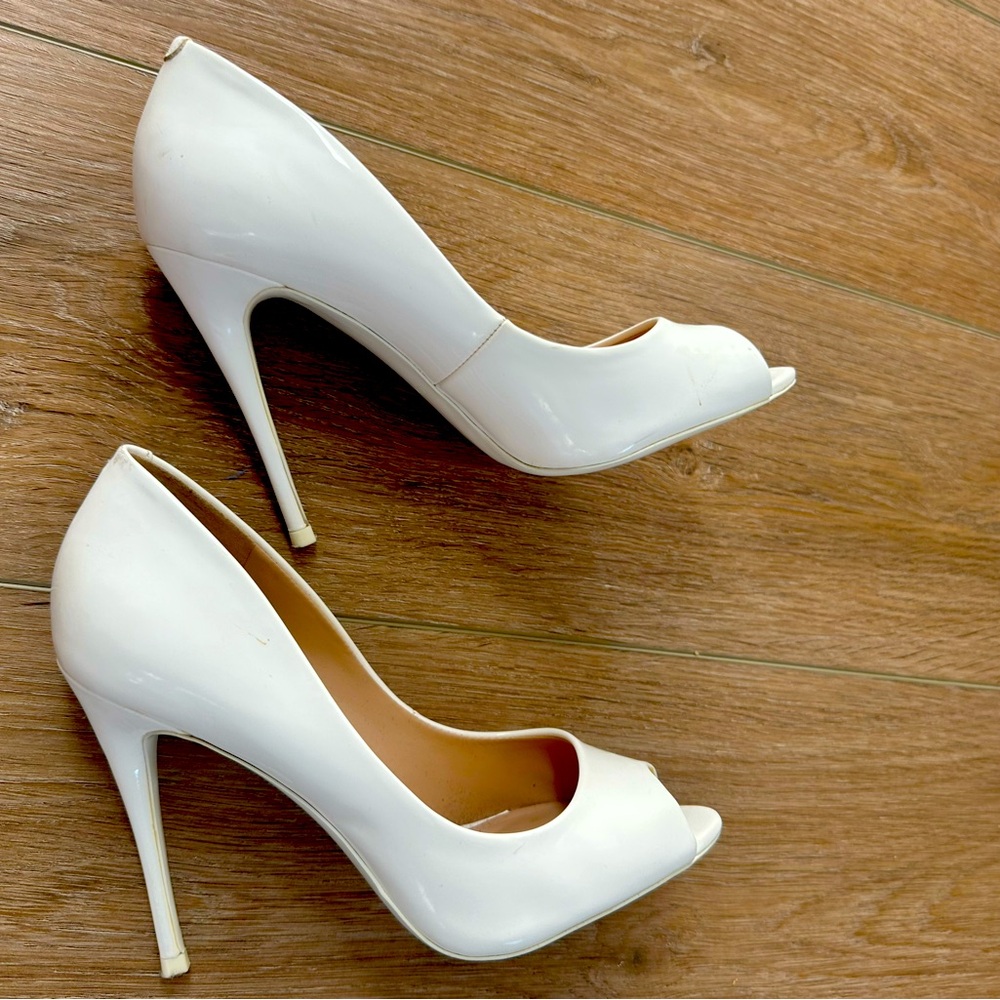 White peep toe stilettos
